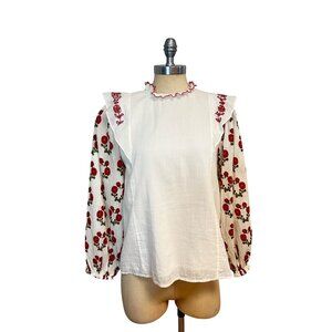 Carolina K White Floral Embroidered Blouse Puff Sleeves & Ruffle Neckline Medium
